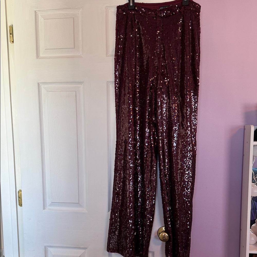 Boohoo Burgundy Sequin Wide Leg Pants